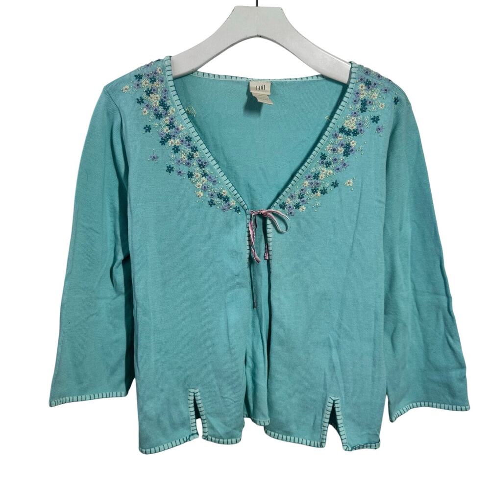J.Jill Cottage Core Cardigan Sweater Women‎ M Blue Cotton Floral Embroider Prep
